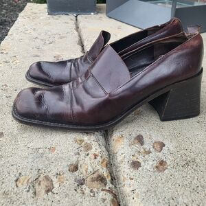 Via Spiga Loafers Brown Leather Apron Square Toe Block Heel Shoes Size 8 Witchy